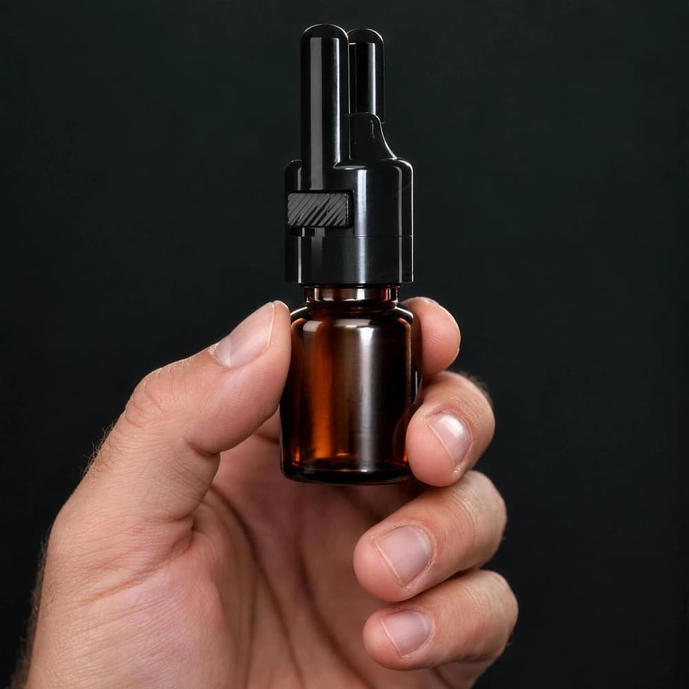 Main tenant un flacon 10 ml avec le bouchon sniffer SN*F à bouton-poussoir