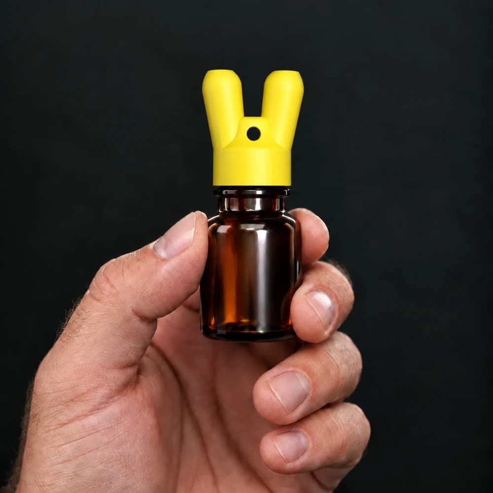 Main tenant un flacon 10 ml avec le bouchon sniffer SN*F double