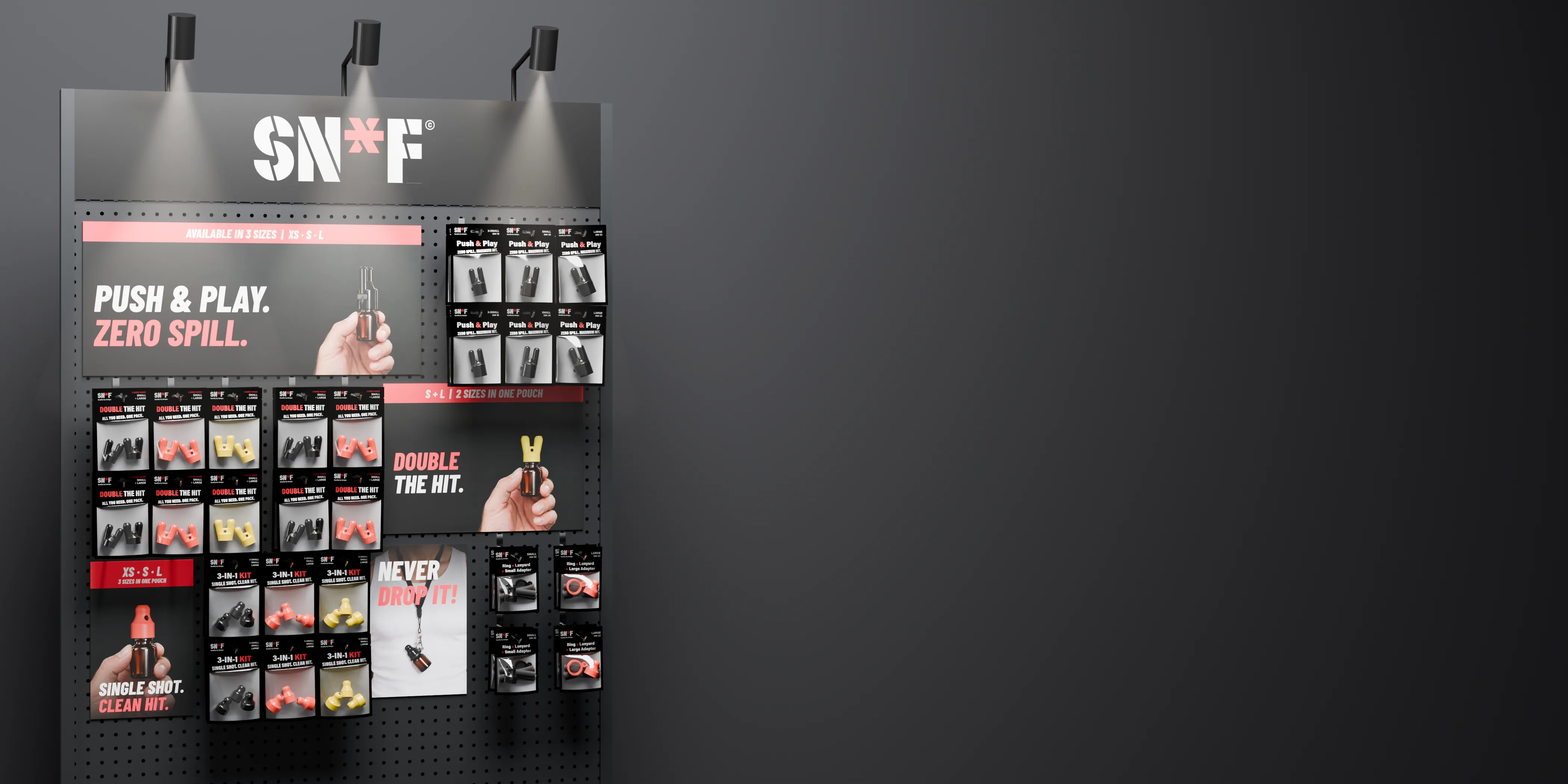 SN*F display wall in a shop: logo magnet, printed visuals and the full pouch range on hooks