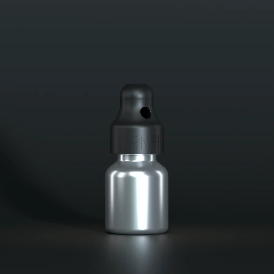 SN*F Small single sniffer cap, black, on a 10 ml aluminium bottle