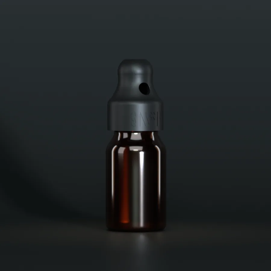 SN*F Small single sniffer cap, black, on a 15 ml amber glass bottle