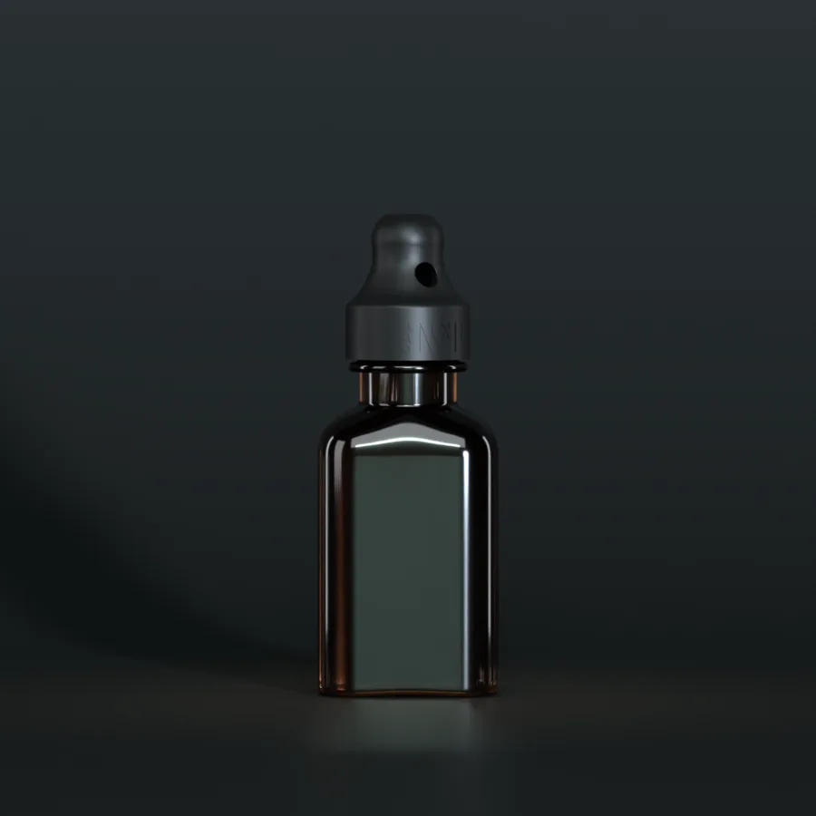 SN*F single sniffer cap, black, DIN 22, on a 24 ml square, amber bottle