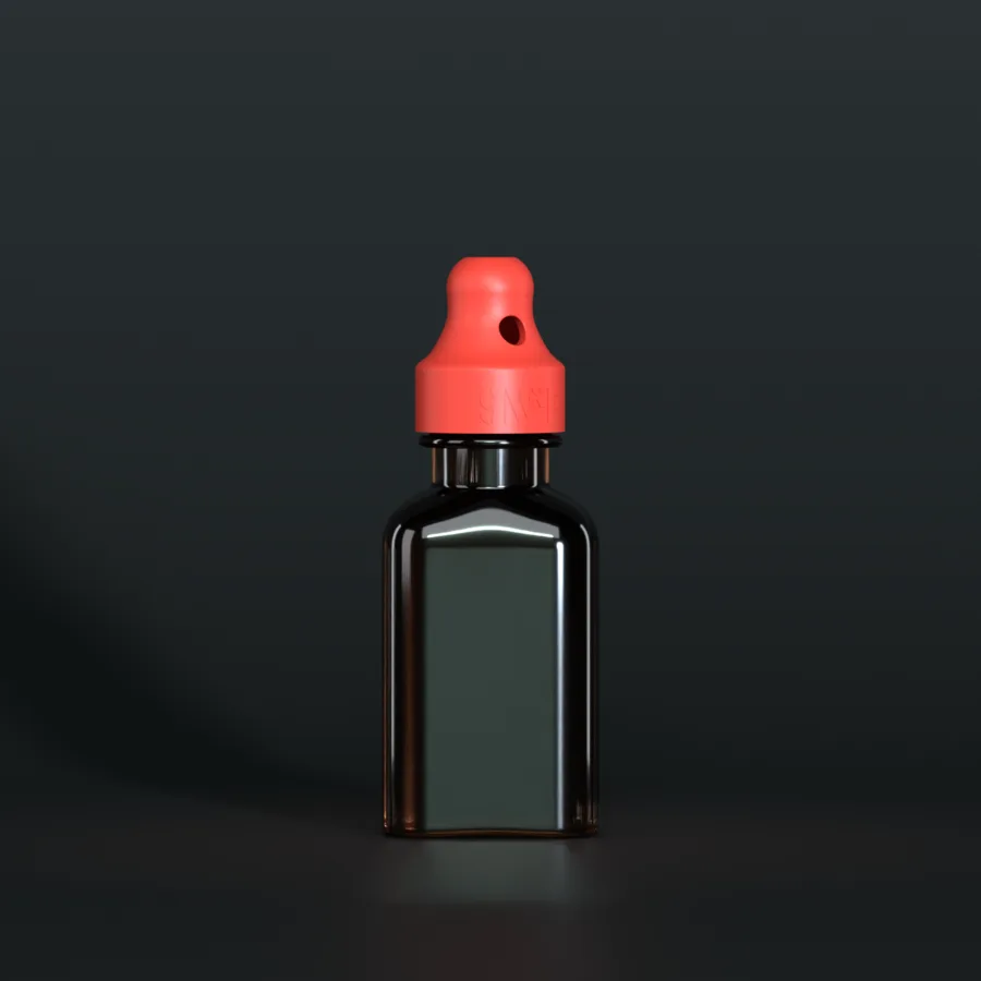 SN*F single sniffer cap, red, DIN 22, on a 24 ml square, amber bottle