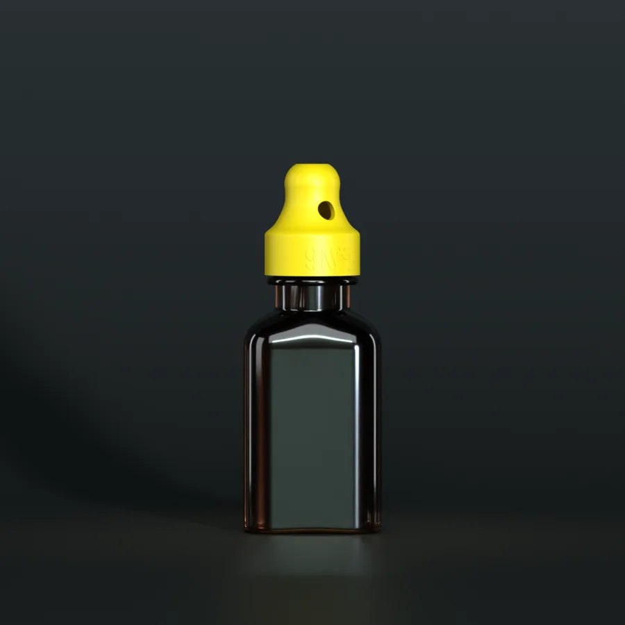 SN*F single sniffer cap, yellow, DIN 22, on a 24 ml square, amber bottle