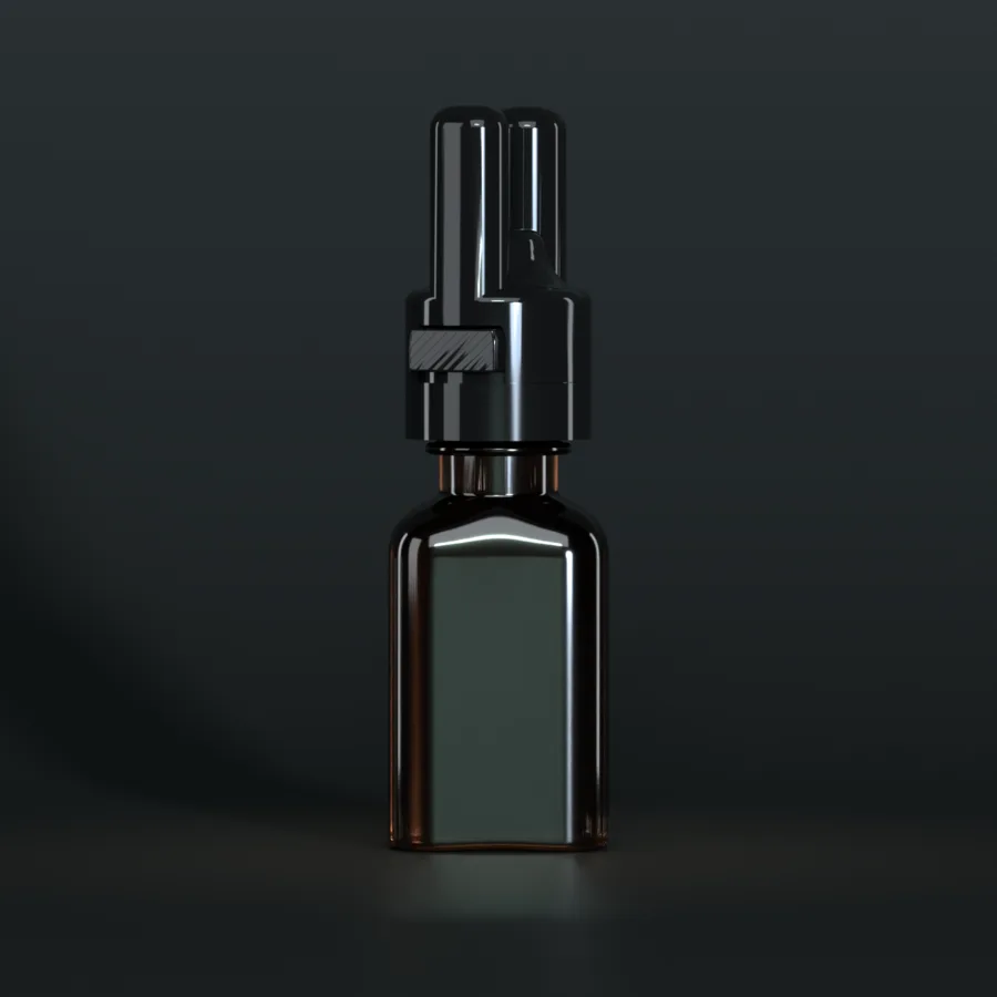 SN*F push-button sniffer cap, Large, on a 24 ml square, amber bottle