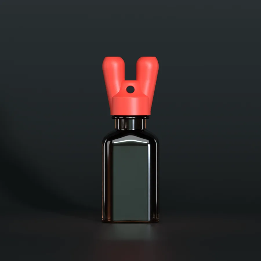 SN*F double sniffer cap, red, DIN 22, on a 24 ml square, amber bottle