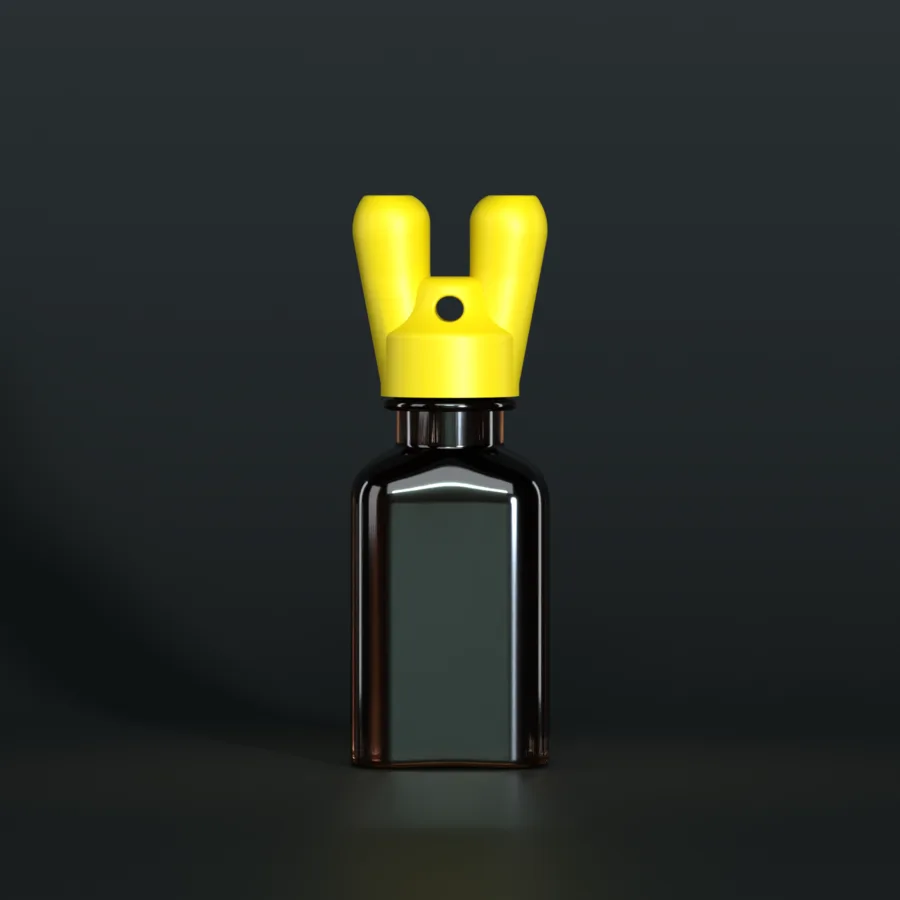 SN*F double sniffer cap, yellow, DIN 22, on a 24 ml square, amber bottle