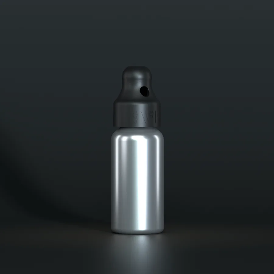 SN*F single sniffer cap, black, DIN 20, on a 24 ml aluminium bottle