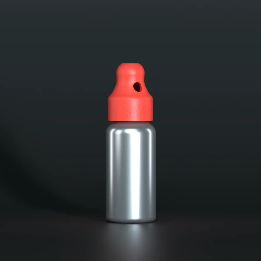 SN*F single sniffer cap, red, DIN 20, on a 24 ml aluminium bottle