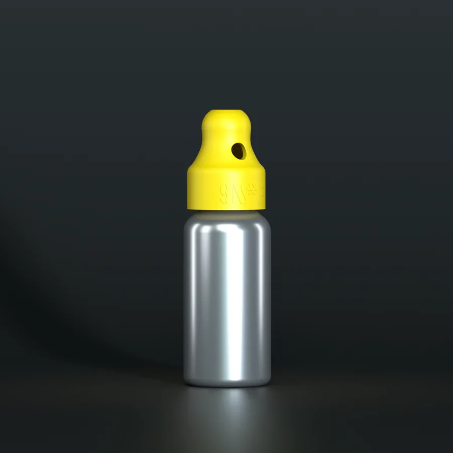 SN*F single sniffer cap, yellow, DIN 20, on a 24 ml aluminium bottle
