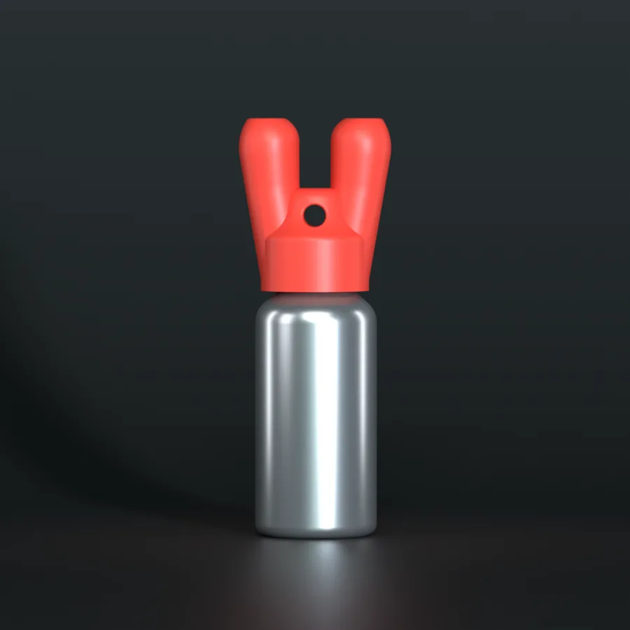 SN*F double sniffer cap, red, DIN 20, on a 24 ml aluminium bottle