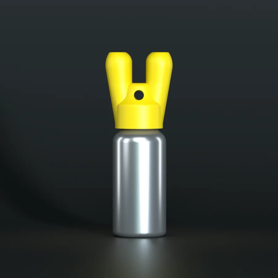 SN*F double sniffer cap, yellow, DIN 20, on a 24 ml aluminium bottle