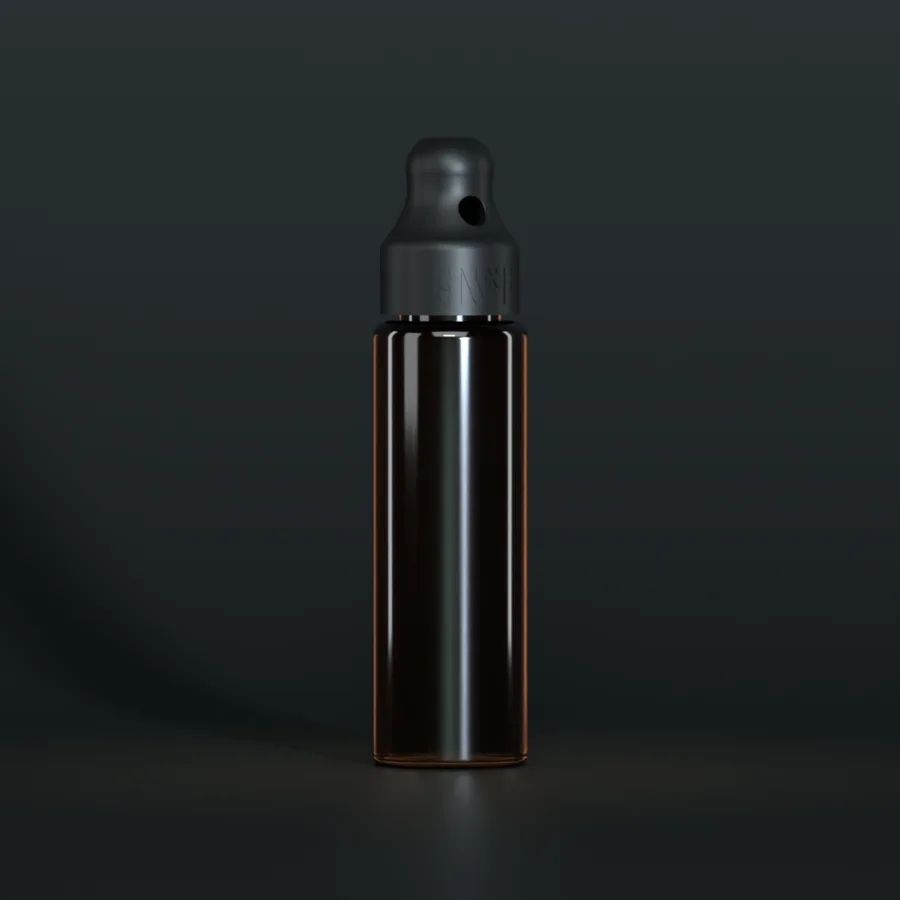 SN*F Small single sniffer cap, black, on a 24 ml slim, amber bottle