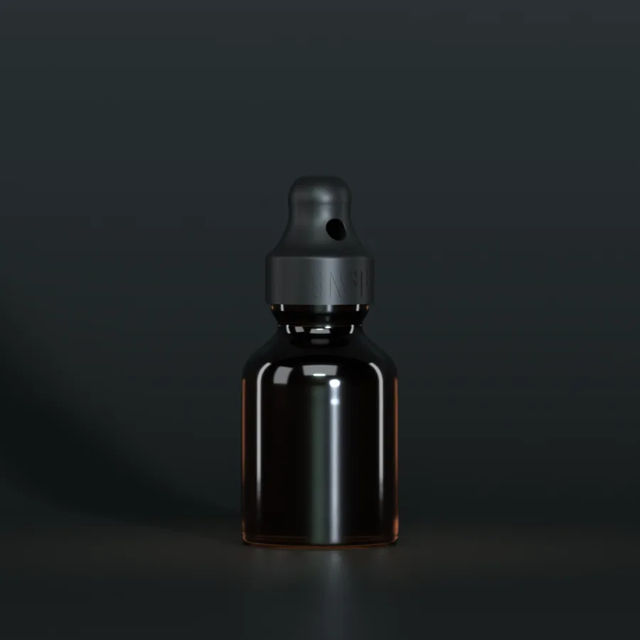 SN*F Large single sniffer cap, black, on a 40 ml round, amber bottle