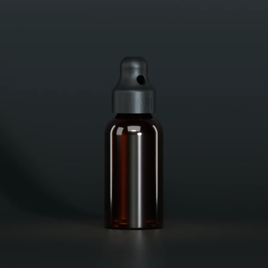 SN*F Small single sniffer cap, black, on a 30 ml amber Boston bottle