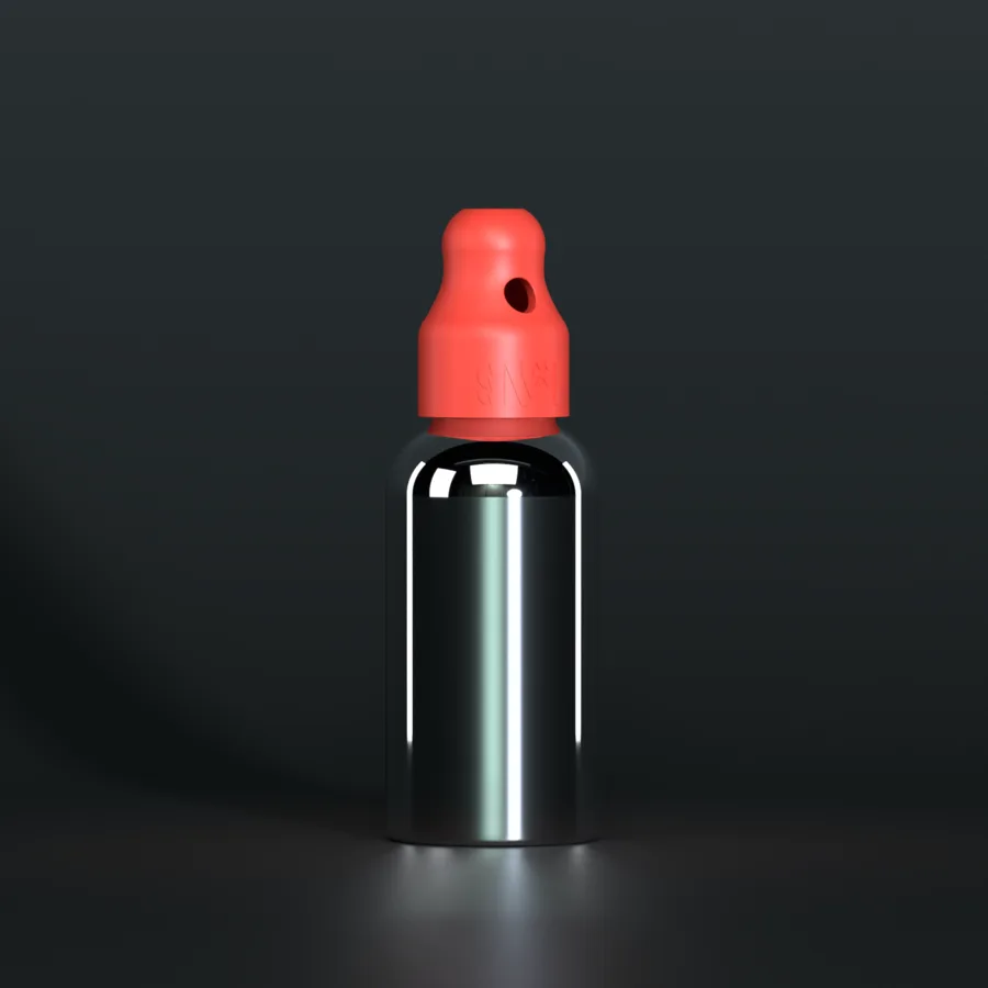 SN*F single sniffer cap, red, DIN 18, on a 30 ml silver Boston bottle
