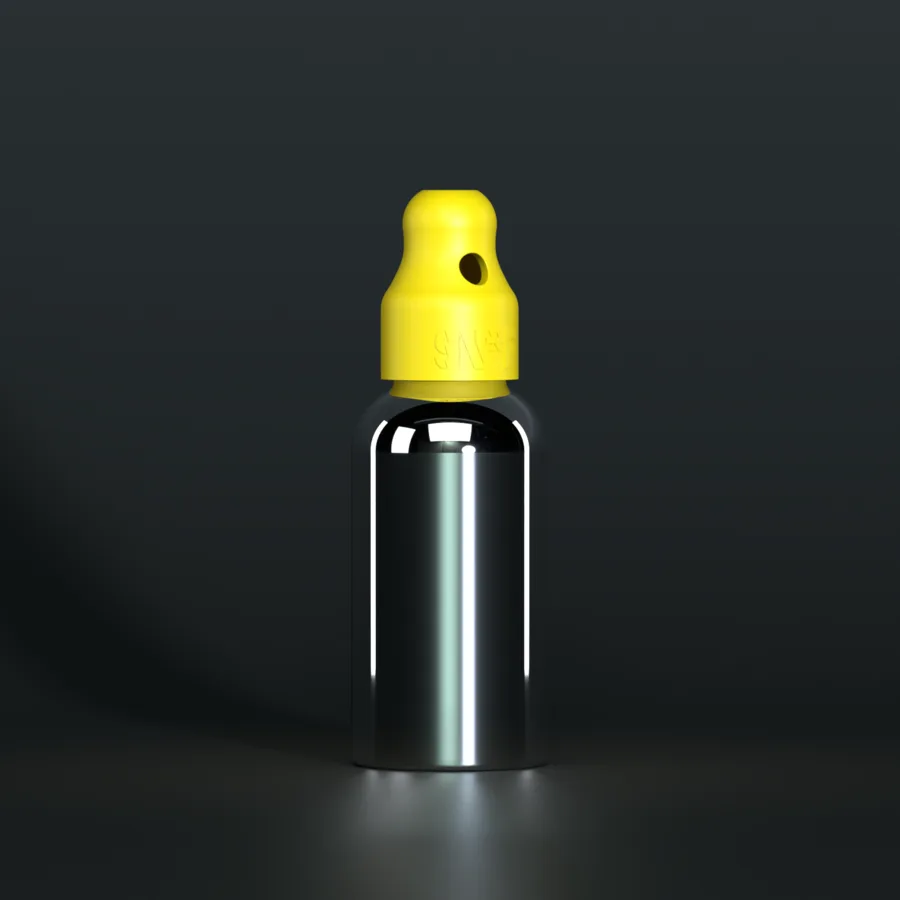 SN*F single sniffer cap, yellow, DIN 18, on a 30 ml silver Boston bottle