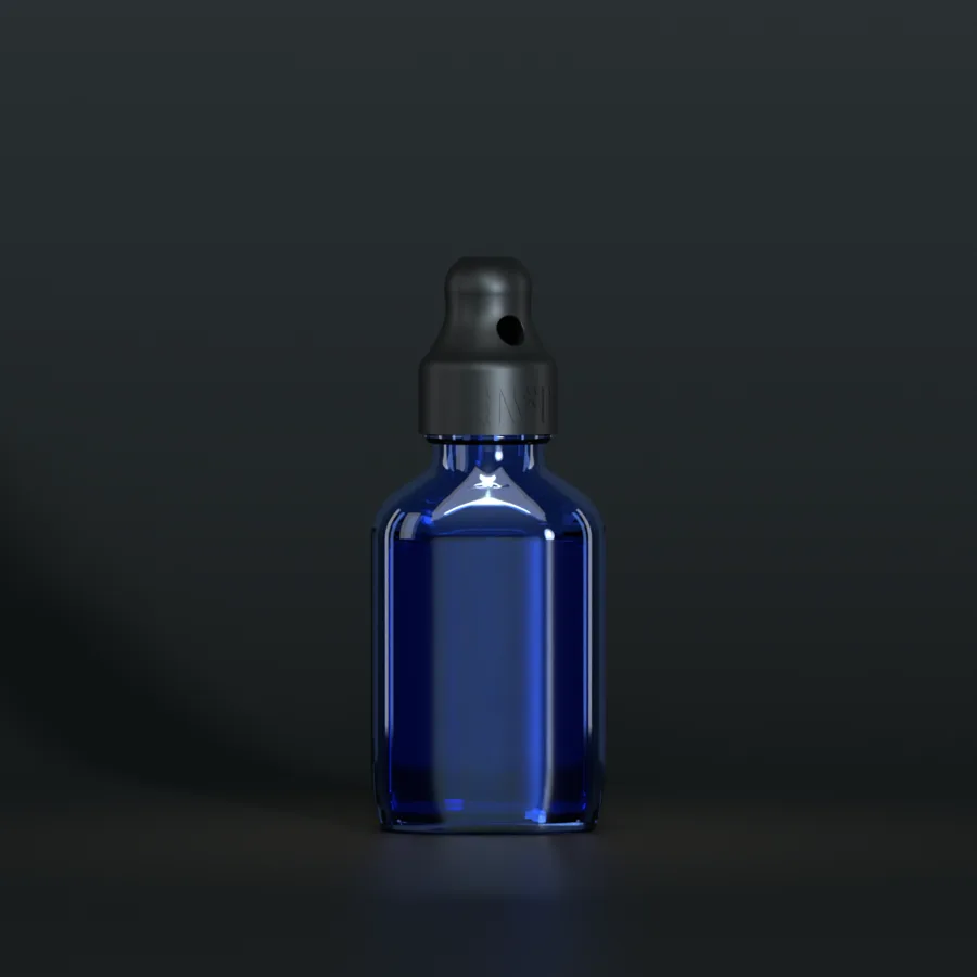 SN*F Small single sniffer cap, black, on a 24 ml oval, blue bottle