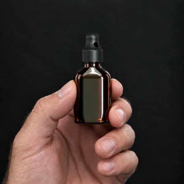 Main tenant un flacon 24 ml ovale, ambré avec un bouchon sniffer SN*F Small