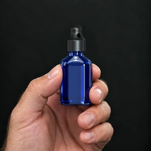 Main tenant un flacon 24 ml ovale, bleu avec un bouchon sniffer SN*F Small